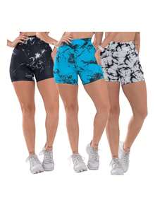 Feizzi Fitness Kit 3 Shortinho  Marmorizado  yoga Academia Caminhada Treino - PRETO-AZUL-BRANCO - Visão 1