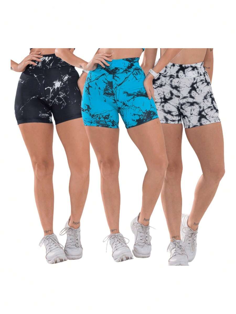 Feizzi Fitness Kit 3 Shortinho  Marmorizado  yoga Academia Caminhada Treino - PRETO-AZUL-BRANCO - Visão 1