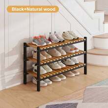 Organizador de Zapatos de Bambú para Armario y Entrada - Soporte de Zapatos Estrecho que Ahorra Espacio - Soporte de Zapatos Versátil para Puerta o Estante de Armario, Garaje, Dormitorio, Puede Apilar Libremente, Estantes de Zapatos Pequeños de 3 Niveles Marrón - Color negro + bambú - Ver 3