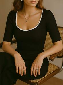 Women's Slim Short Sleeve Sweetheart Neckline Summer Blouse - 黑色 - 查看 2