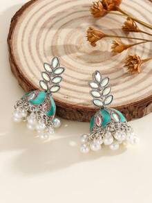 1 Pair Bohemian Style Elegant Crystal Studded Leaf Shaped Earrings With Faux Pearl, Tassel Decor Earrings, Suitable For Women & Girls Everyday, Festivals, Weddings And Parties/Jewelry Gift