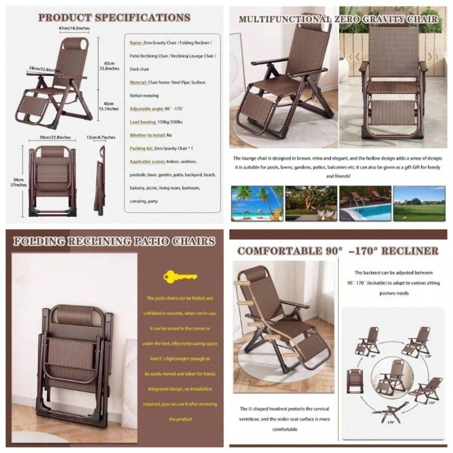 90 - 170 Adjustable Zero Recliner Chair, Folding Patio Lounge Chair Elderly, 330lbs Capacity, Breathable Fabric, IndoorOutdoor Use - Color marrón + 58*12*94cm - Ver 1