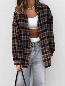 Casual Plaid Drop Shoulder Long Sleeve Shirt, Autumn - Coffee Brown - View 3