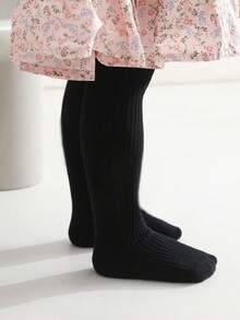 3 Pairs Girls' Basic Tight Leggings, Black Striped Skinny Tights, Suitable For Girls' Daily Wear - Black - View 5