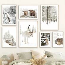 Pintura en lienzo de impresión minimalista de escena invernal con alces, árboles y campo para decoración del hogar y sala de estar - Multicolor - Ver 3