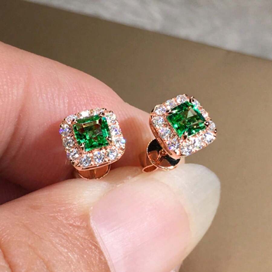 1Pair Vintage One-Size Green Square  Stud Earrings, Art Deco Inspired Emerald Color Earrings, Luxurious Geometric Jewelry, High-End Gift For Women - 玫瑰金+綠石 - 查看 1