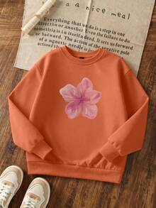 1pc Girls Casual Printed Pullover Crew Neck Sweatshirt, Student Young Clothing, Long Sleeve, Autumn/Winter - Orange - View 3