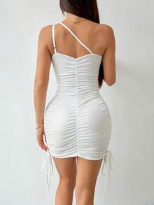 1pc Elegant Solid Color Knit Asymmetrical Ruffle Faux Drawstring Dress, Fashion Party/Wedding/Vacation Cocktail Dress, Spring/Summer, Autumn/Winter Bodycon Dress - White - View 3
