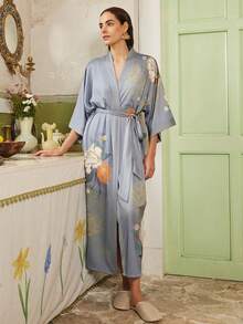 复古中国风宽松加大码中长款优雅印花和服罩衫，休闲通勤装，轻薄夏季沙滩罩衫，性感睡袍