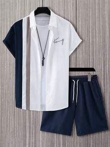 Conjunto de dos piezas de verano para hombre (camisa estampada + pantalón corto de color liso) - Blanco - Ver 2