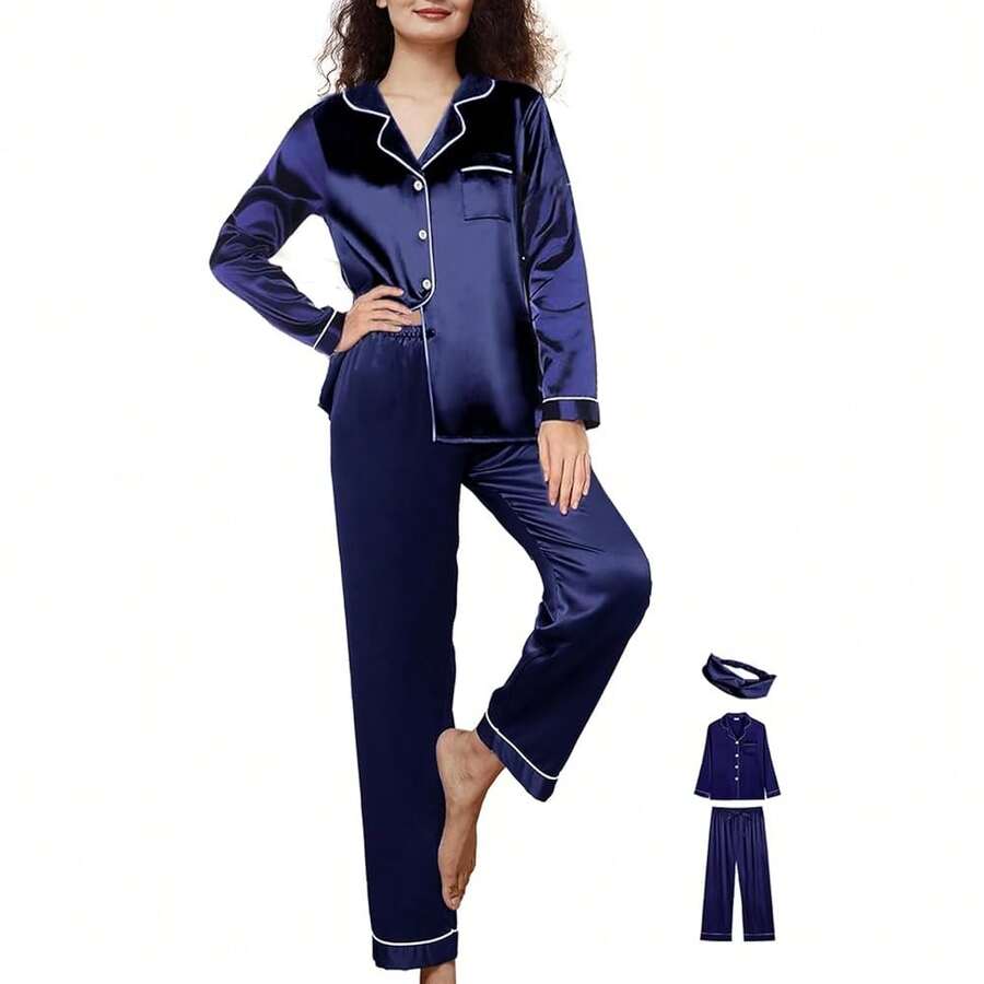 Womens 3Pcs Satin Pajamas Set Silk Pajama Sets XS-3XL Long Silky Pj Sets Nightwear Pjs Set Sleepwear Loungewear{"Color_name":"Navy","Size_name":"Large"} - 多色26 - 查看 1