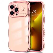 For IPhone 13 Pro Case Wave Wavy Phone Cases With Love Heart, Luxury Plating Edge Cute Curly Shape Cover For Women Girls, Thin Slim Soft TPU Rubber Shockproof Protective Cover, Pink{"Color_name":"Pink","Size_name":"ForiPhone13Pro-6.1inch"} - 多色22 - 查看 1