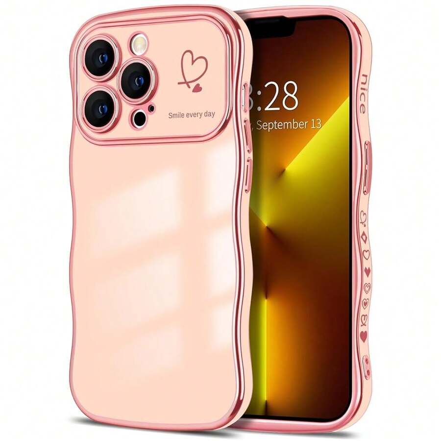 For IPhone 13 Pro Case Wave Wavy Phone Cases With Love Heart, Luxury Plating Edge Cute Curly Shape Cover For Women Girls, Thin Slim Soft TPU Rubber Shockproof Protective Cover, Pink{"Color_name":"Pink","Size_name":"ForiPhone13Pro-6.1inch"} - 多色22 - 查看 1