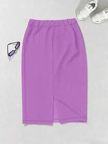 Elegant Solid Color High Waist Slit Bodycon Pencil Skirt Spring - Purple - View 4