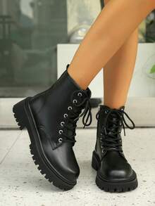 新款女士踝靴，时尚百搭休闲平底鞋 - 黑色 - 查看 2