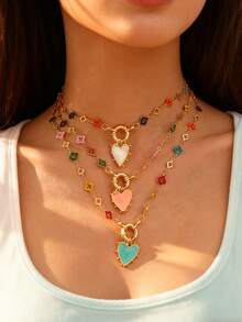 1 Piece Women's Heart Necklace, Copper Drip Oil Heart Hollow Out Lucky Straw Circle Clasp Necklace, Gold Heart Pendant Necklace, Chunky Faux Gold Chain, Birthday Gift Holiday Gift (Hand-Cut, Four-Leaf Clover Colors And Zirconia Are Randomly Selected. Pendant Can Be DIY ) - Multicolor - View 2