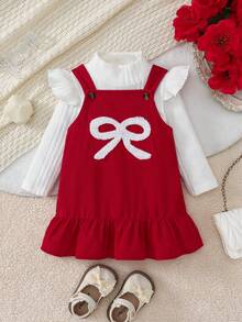 两件套女婴套装，休闲优雅白色针织竖条纹圆领长袖上衣搭配红色编织可调节肩带蝴蝶结刺绣花边连衣裙，春秋季外套 - 紅色 - 查看 2