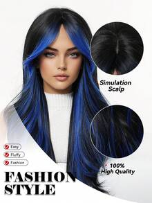 Multicolor Synthetic Wig With Bangs Black Mix Blue Long Natural Curly Wig For Women Daily Party Cosplay Christmas Wigs For Girls For Halloween And Christmas New Year Carnival Music Festival Cosplay ,Gifts For Girls,Summer Graduation Gifts,Ready-Made Gifts,Halloween Christmas Gifts - 挑染藍色 - 查看 8