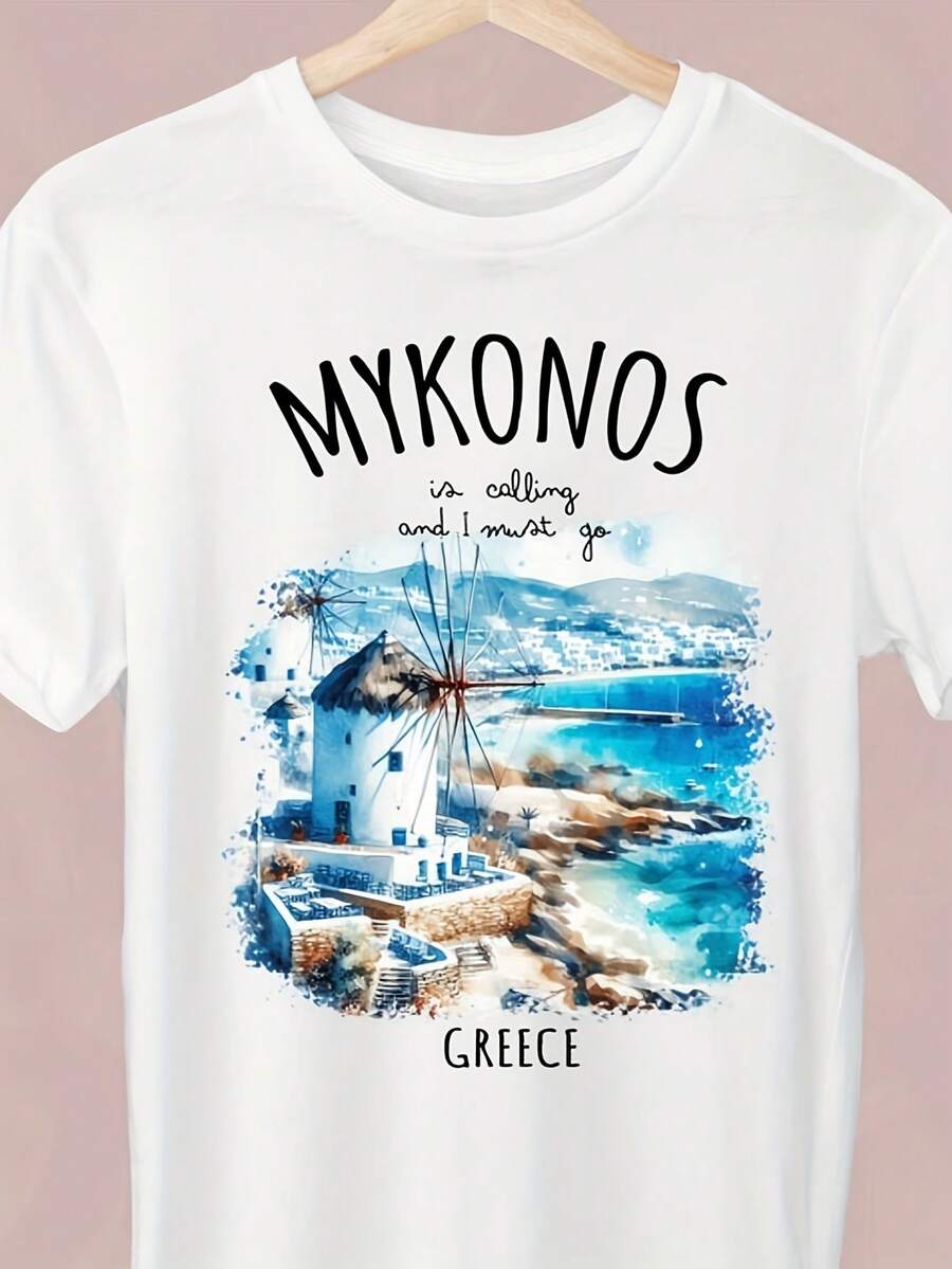Mykonos Is Lling And I Must Go, Uni T-Shirt, Greek T-Shirt, Mykonos T-Shirt, Greece Vation Shirt, Gift For A Greek.Women's Solid-Colored Boat Neck Short-Sleeve One-Piece Shirt, Suitable For Summer Wear, Paired With Printed Shirts, Ladies' Tops, And Printed Short-Sleeve Shirts. Women's Clothing - 白色 - 查看 1