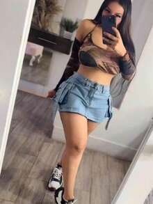 Short-falda vaquera sexy informal ajustada para mujer con bolsillos, cremallera y botones, falda corta de lavado claro y muy elástica. - Neblina azul - Ver 5