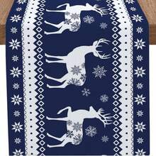 1pc Christmas Reindeer Table Runner, Vintage Navy Blue Snowflake Winter Kitchen Table Cloth, Winter Kitchen Dining Table Decor, Suitable For Party Or Holiday Use