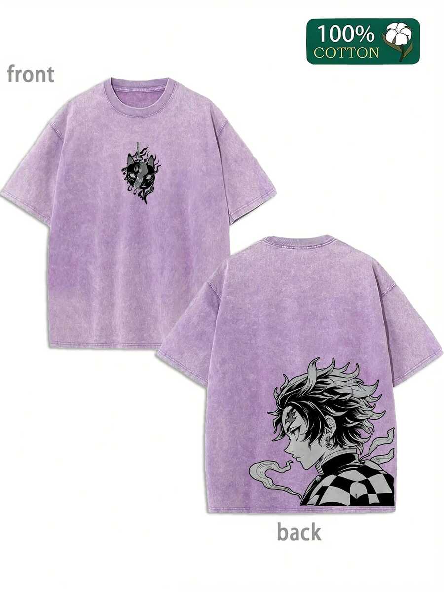 Washed Cotton Men's T-Shirts, Cool Anime T-Shirts, Ideal Choices For Anime Fans And Enthusiasts, Retro Heavy Cotton Double-Sided Pattern T-Shirts, Round Neck Street-Style Men's Clothes, Gifts For Friends. - 紫色 - 查看 1