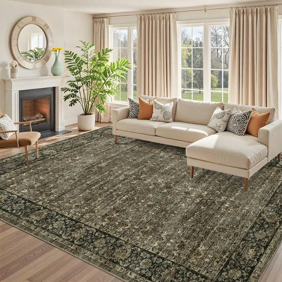 Traditional Home Decor Bordered Living Room Area Rug Non Shedding Easy To Clean Carpet Soft Printed Thin Floorcover Non Slip Low Pile Entrance Runner Rug Stain Resistant Washable Mat Throw Rug For Bathroom Bedroom Dinning Room Kitchen Laundry Hallway - Camel - View 1