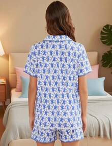 Womens Button Down Pajamas Set Short Sleeve Lounge Sets Bride Soft Sleepwear Casual 2 Piece Pjs With Pocket S-XXLhalloween - Blue Monkey - View 4