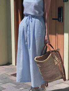 女士时尚露背条纹无袖背心和高腰修身短裙套装，夏季服装 - 藍色 - 查看 2