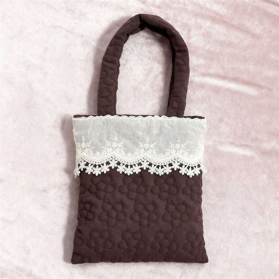 Women's Lace Patchwork Handbag Fashionable Versatile Mini Floral Purses For Daily Life, Work, Travel - Light Brown - View 1