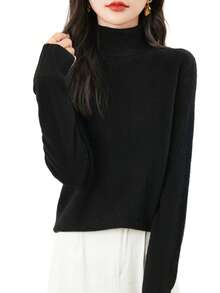 Women's 100% Merino Wool Sweater Autumn Winter Long Sleeve Women's Turtleneck Sweater Warm Soft Knitted Pullover Top - Black - View 7
