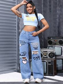 Women's Casual Ripped Straight Leg Denim Jeans With Graphic Print Long Design And Non-Stretch Fabric For Everyday Style - Blue - View 6