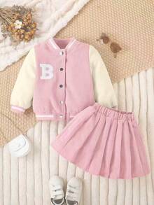 年轻女孩 2 件套美式棒球夹克和灯芯绒迷你裙，休闲秋冬装 - 粉色 - 查看 2