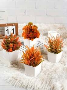 4 piezas/1 pieza Flores y plantas falsas pequeñas, plantas falsas mini con maceta para decoración de casa, oficina, mesa, cocina, estantería, baño, mesa de café, decoración de otoño, decoración de Halloween, decoración navideña (Naranja)