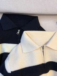 Suéter a rayas con cuello vuelto, suéter de manga larga para mujer, suéter de punto holgado vintage, suéter de punto cálido para otoño e invierno, Top - Albaricoque - Ver 7