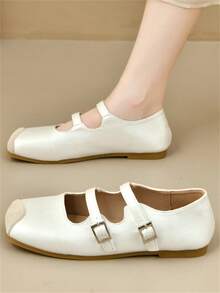 Women's Square Toe Mary Jane Shoes, Patchwork Double Buckle Strap Flats, Comfortable Low-Cut Soft Bottom Casual Shoes For All Seasons - Beige - View 3