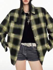 女士休闲复古格子长袖衬衫，宽松翻领衬衫，通勤百搭，时尚上衣带口袋，面料柔软舒适，适合春夏秋冬 - 綠色 - 查看 2