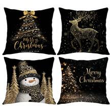 MEMNUN 4 Stück Weihnachts Schwarz Gold Weihnachtsbaum Weihnachtsmann Rentier Fröhliche Weihnachten Text Muster Polyester Dekorative Kissenbezüge [Ohne Kissenfüllung], 45*45cm/50*50cm/40*40cm, [Einseitig Muster] Weihnachts Atmosphäre Dekokissenbezüge für Sofa, Bett, Wohnzimmer, Schlafzimmer, Auto, Büro, Hotel, geeignet für alle Jahreszeiten, Weihnachtsgeschenk für Familie und Freunde