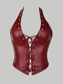 Yuwenier Y2K Punk Style Backless Lace-Up Tight Crop Top, Backless PU Leather Top, Concert - Burgundy - View 9