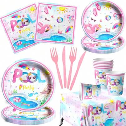 Pool Party Supplies,141pcs Pink Pool Birthday Tableware Drations Pool Party Plates Cups Suer Theme Napkins Beach Ball Tablecloth For Hawaii Party Dration,23131253