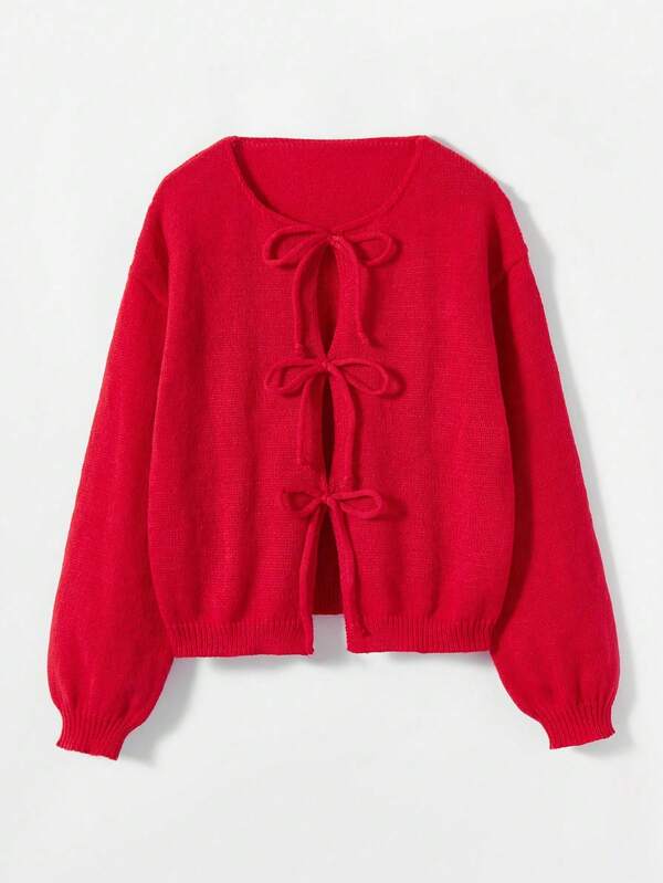 BuyK [Tops]BuyK Plus-Size Solid-Color Knot-Detail Long-Sleeve Cardigan – Minimalist, Office-Ready, Old-Money Style. Simple, French-Inspired Women's Tie-Front Belted Solid Knit Cardigan, Perfect For Layering Over A T-Shirt. Plus Size, Cute Open-Front Cozy Sweater.