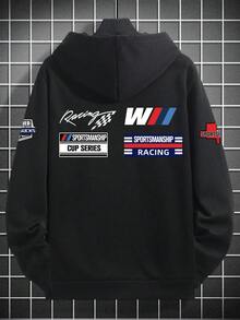 Men's Hoodie With Racing Culture Graphic Print, Thermal Lined Pocket, Autumn/Winter - Black - View 6