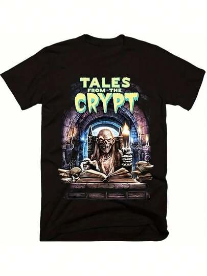 Camiseta gráfica "Tales From The Crypt" para hombre - Algodón suave, manga corta, cuello redondo, ajuste casual, lavable a máquina, negro con diseño de impresión vibrante, TALLA GRANDE