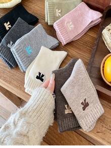 女士加厚保暖罗纹蝴蝶结印花袜，百搭日式秋冬中筒袜 - 彩色 - 查看 5