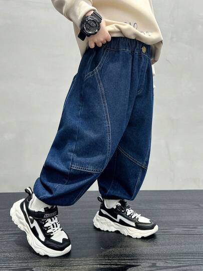 1 件纯色休闲宽松直筒牛仔裤，适合男孩，适合春季