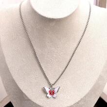 Women's Fashion Jewelry, Handpainted Colorful Butterfly Pendant Necklace, Stainless Steel Round Box Chain & Zinc Alloy Rhinestone Pendant, Suitable For Daily Wear