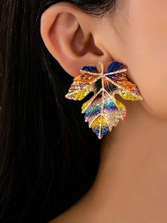 2pcs/Set Of Autumn Maple Leaf Alloy Painted Fallen Leaf Earrings For Women