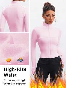FWH Adjustable High Collar ,Brushed Thermal Lined, Thumbhole Cuffs,Contoured Waist Cut,Long Raglan Sleeves ,Premium Stretch Fabric,Premium Stretch Fabric,Winter Running Zip-Up With Thumbholes,Zip-Up Design For Customizable Warmth,Women's Winter Thermal Zip-Up Fitness Jacket With Thumbholes & Tapered Waist - Pink - View 2