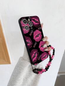 1 Ốp lưng điện thoại chống sốc toàn diện TPU màu đen in hình môi Y2K cá nhân hóa XOXO họa tiết Graffiti và 1 Vòng tay đính hạt trái tim màu hồng, Ốp lưng điện thoại toàn diện sáng tạo đa năng thời trang tương thích với iPhone, OPPO - Nhiều màu - Xem 4