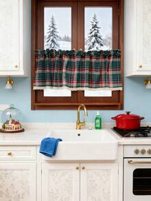 1件圣诞绿色格子遮光农舍风窗帘 - 冬季厨房咖啡厅窗帘，可机洗 - 綠紅白 - 查看 5